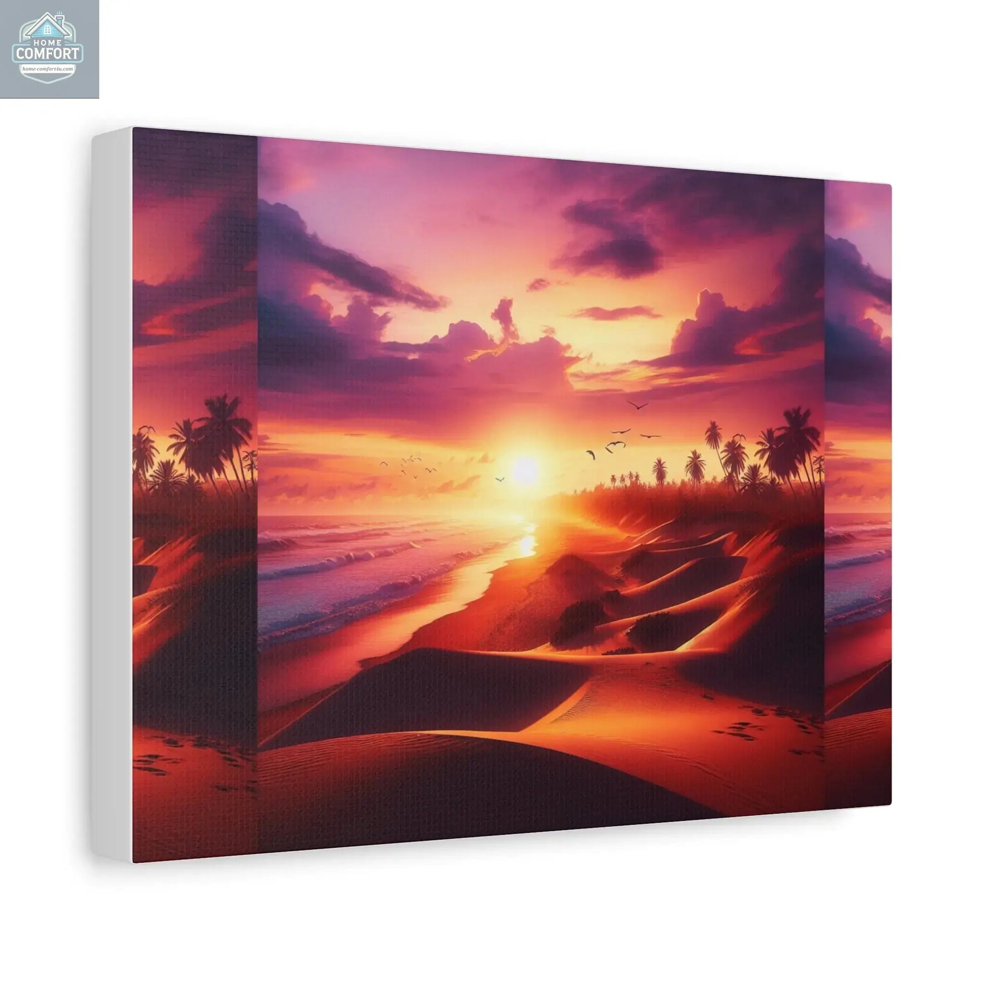 Angled view of custom canvas print featuring a tropical sunset with palm trees and ocean waves in warm orange and pink tones