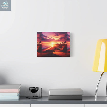Custom tropical sunset canvas print displayed on a modern wall above a desk with books and lamp