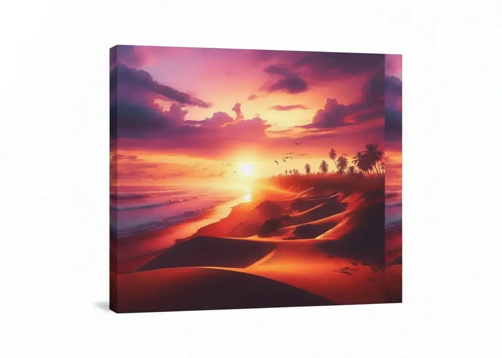 Custom canvas print featuring a vibrant tropical sunset with palm trees and ocean waves in warm orange and pink tones