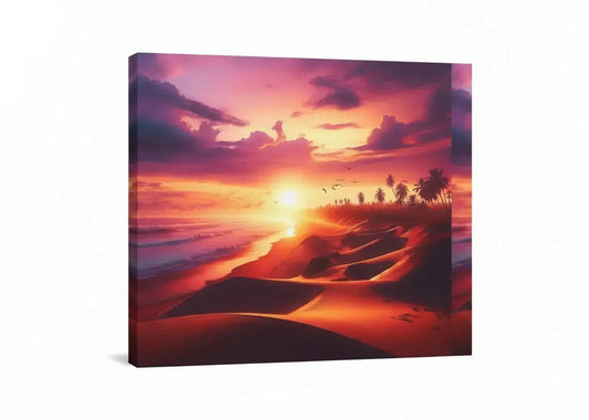 Custom canvas print featuring a vibrant tropical sunset with palm trees and ocean waves in warm orange and pink tones