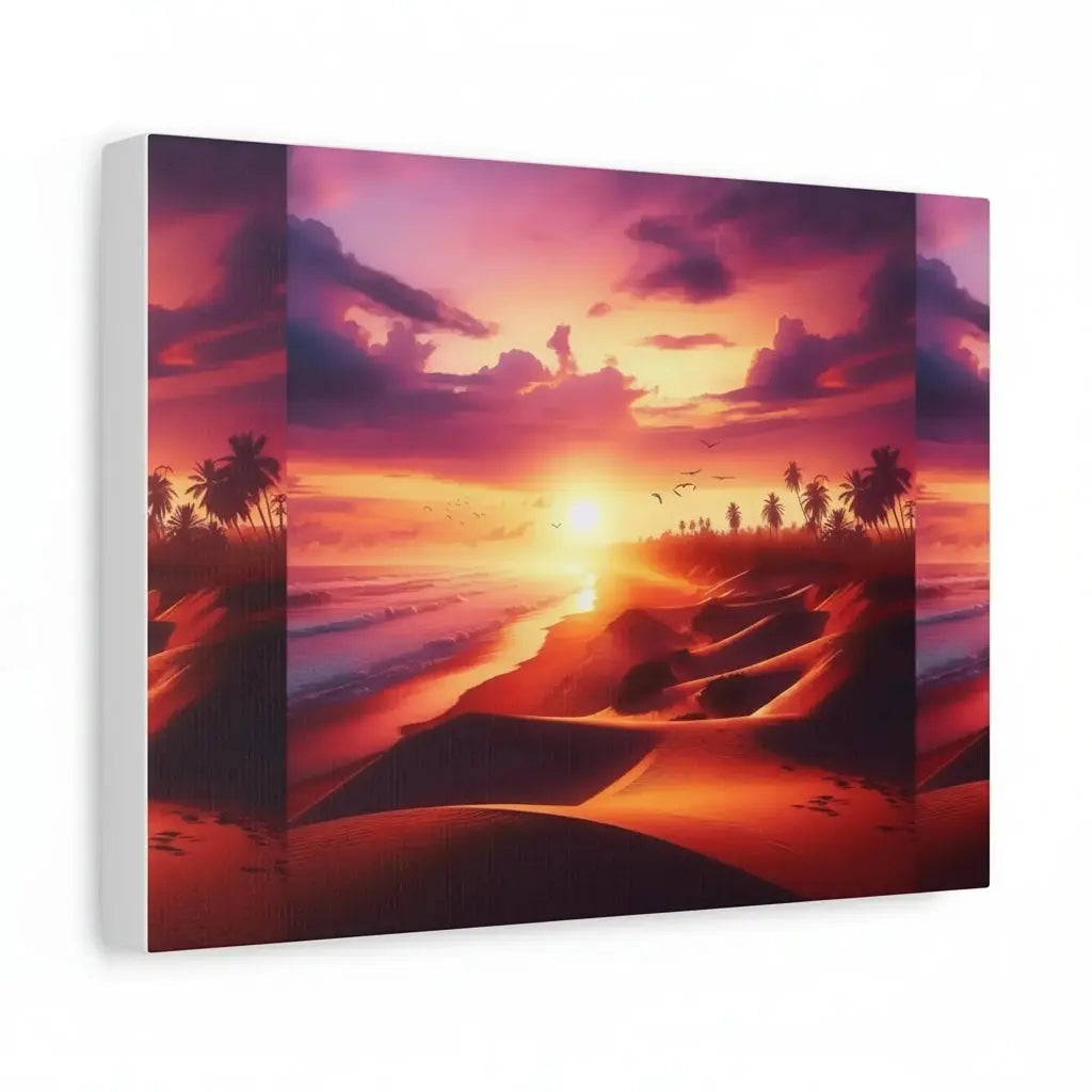 Angled view of custom canvas print featuring a tropical sunset with palm trees and ocean waves in warm orange and pink tones