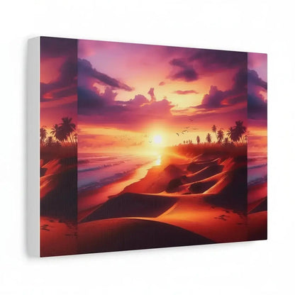 Angled view of custom canvas print featuring a tropical sunset with palm trees and ocean waves in warm orange and pink tones