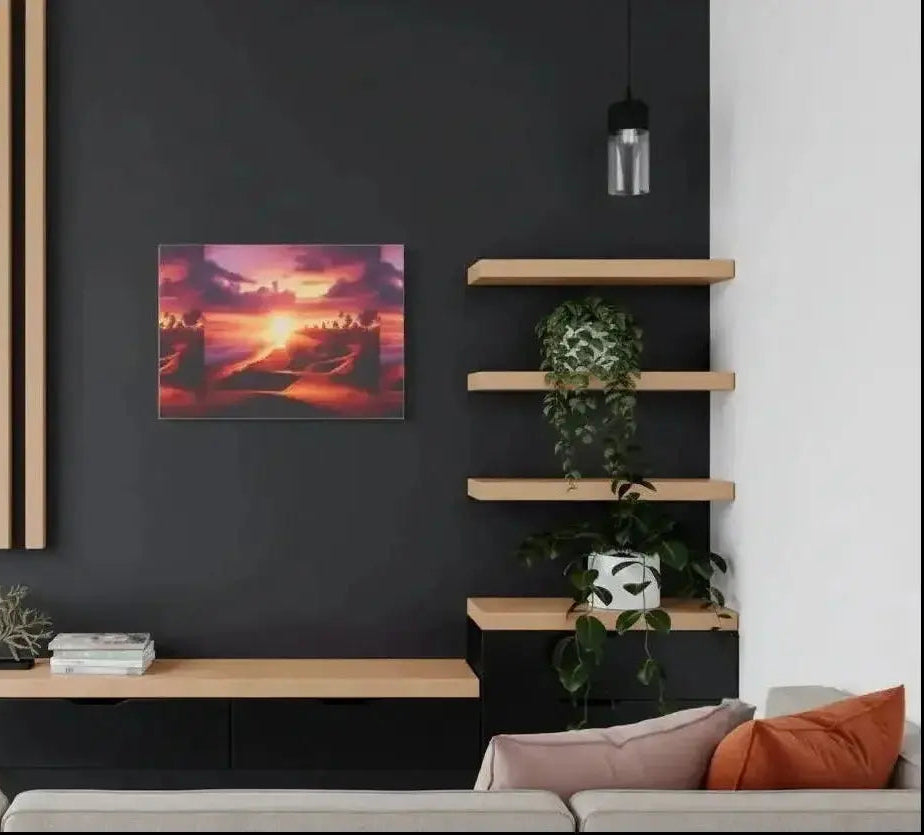 Custom tropical sunset canvas print displayed on a dark modern wall above a wooden console with plant décor