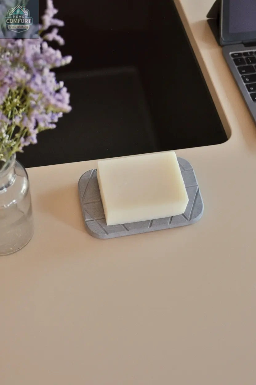 Modern geometric diatomite soap dish with bar soap placed beside bathroom sink