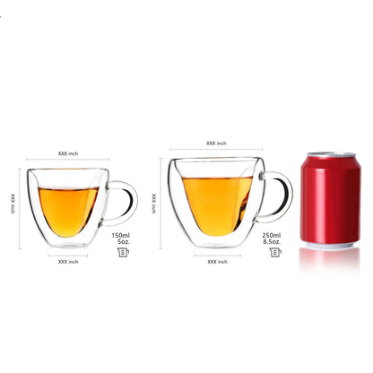 Size comparison image showing double wall heart-shaped glass mug dimensions next to beverage can for scale