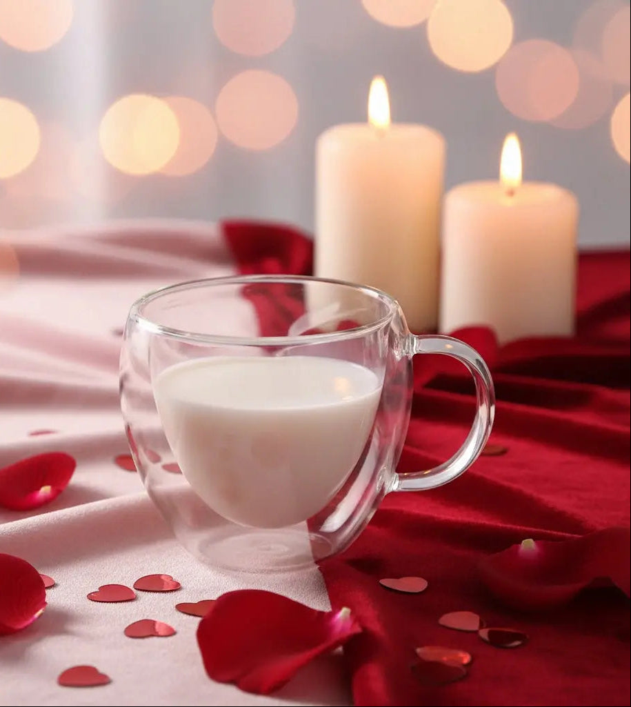 Double wall heart-shaped glass mug filled with milk in romantic setting with candles, rose petals, and soft lights
