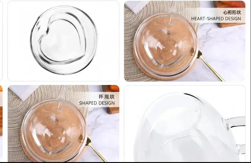 Multiple detail views of double wall heart shaped glass mug showing handle and inner heart design
