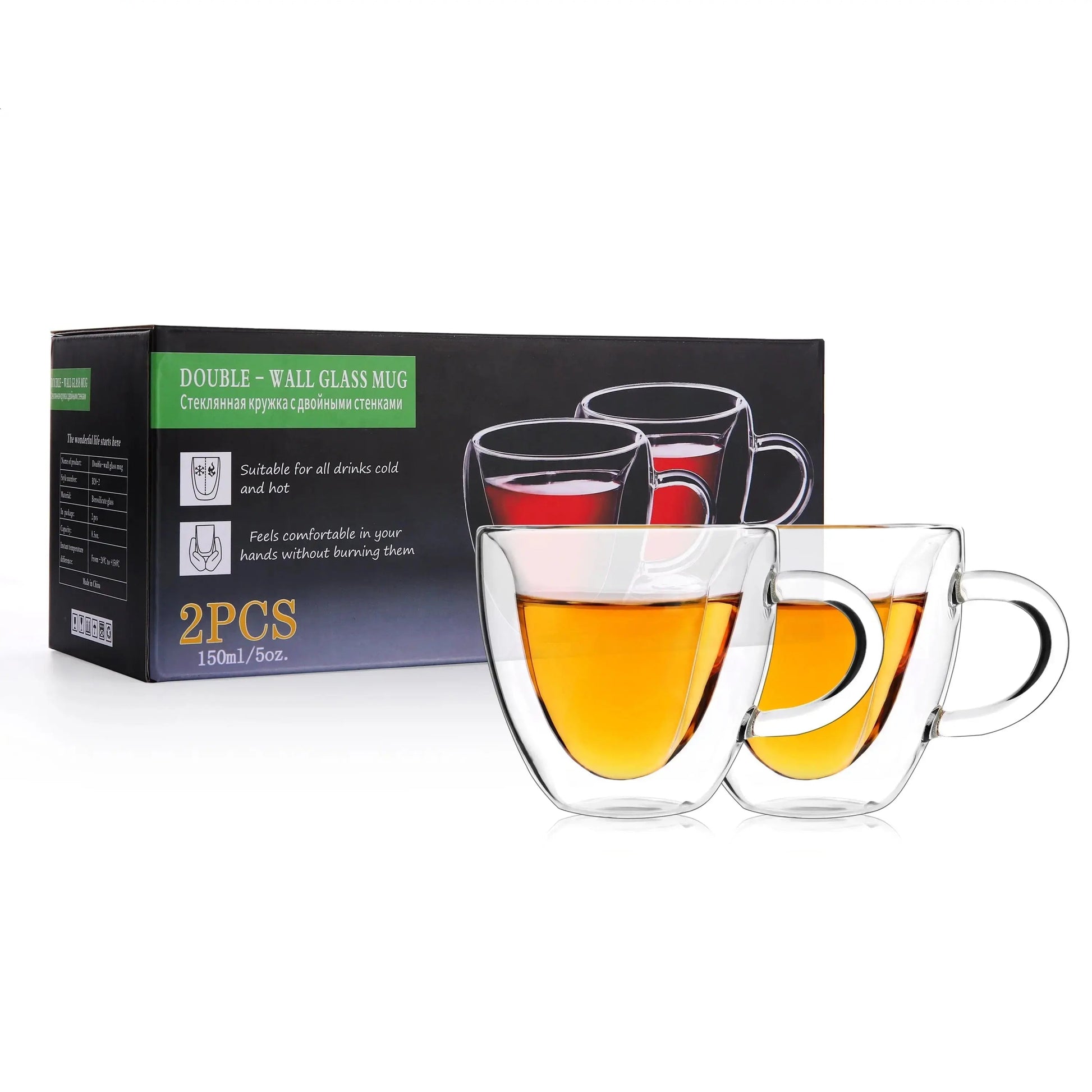 Set of double wall heart shaped glass mugs shown with product packaging and filled with tea
