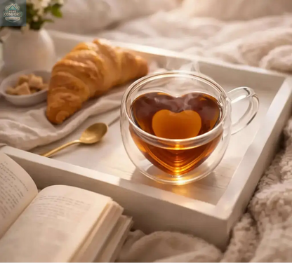 Tray with a cup of tea, croissant, and book on a cozy surface