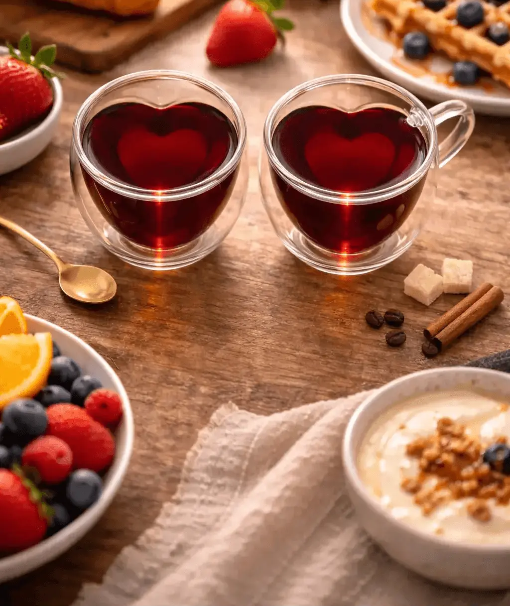 Two heart-shaped glass cups filled with red liquid on a wooden table with breakfast items.