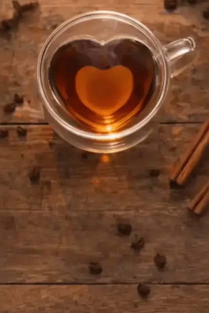 Heart-shaped glass mug filled with tea on a wooden surface with cinnamon sticks and sugar cubes.