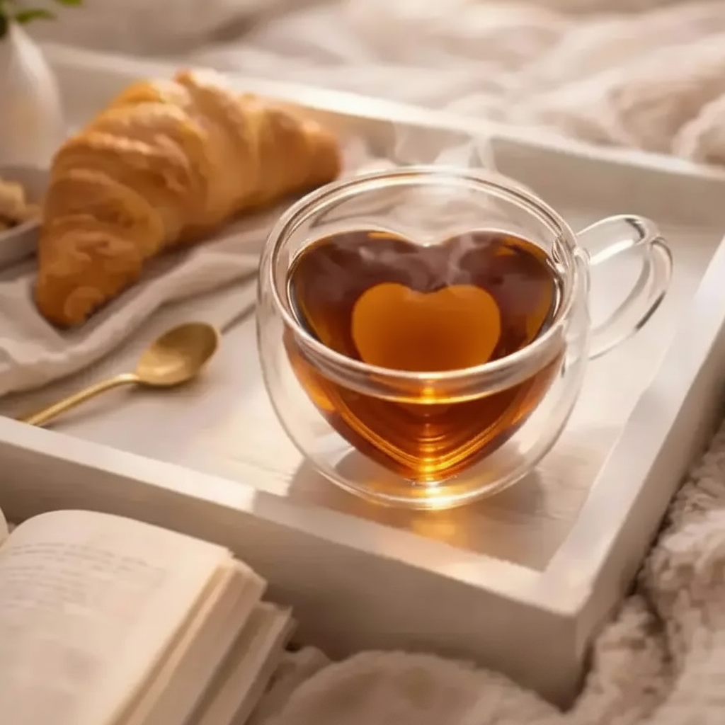 Tray with a cup of tea, croissant, and book on a cozy surface
