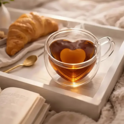 Tray with a cup of tea, croissant, and book on a cozy surface