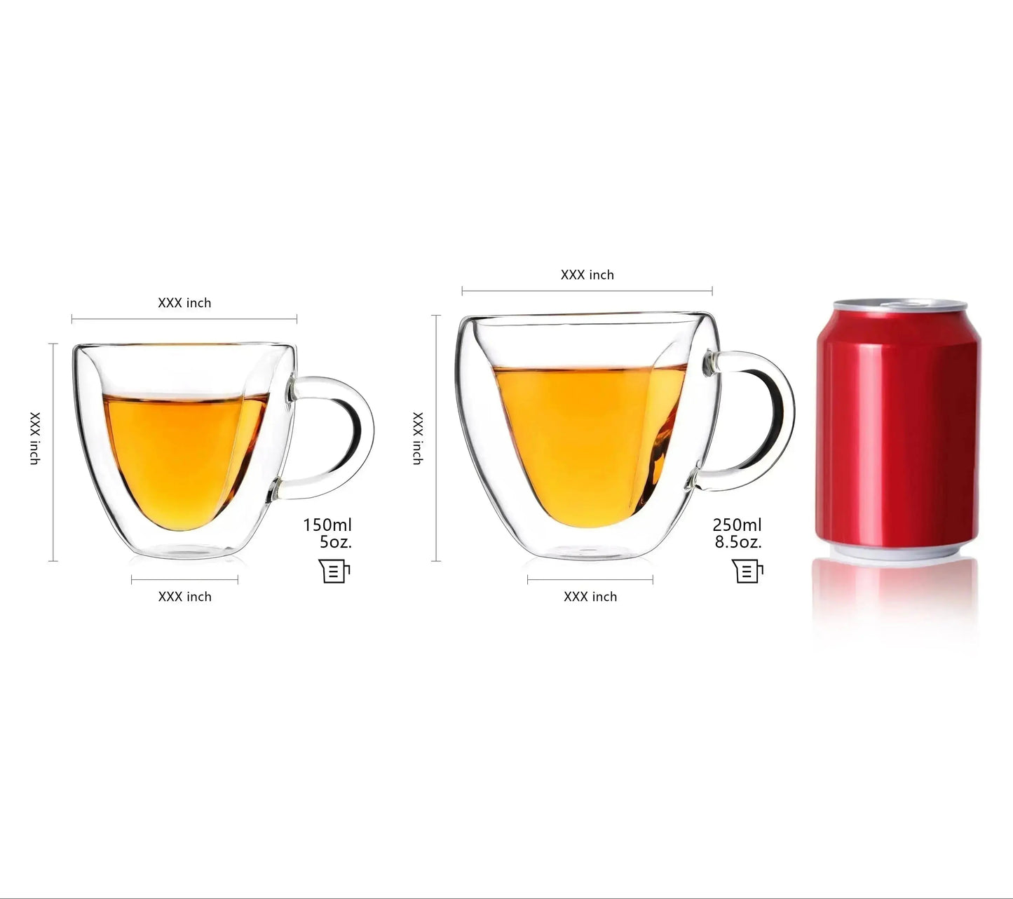 Size comparison image showing double wall heart-shaped glass mug dimensions next to beverage can for scale