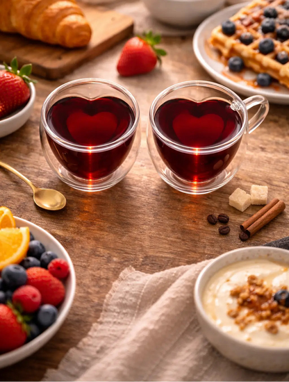 Two heart-shaped glass cups filled with red liquid on a wooden table with breakfast items.