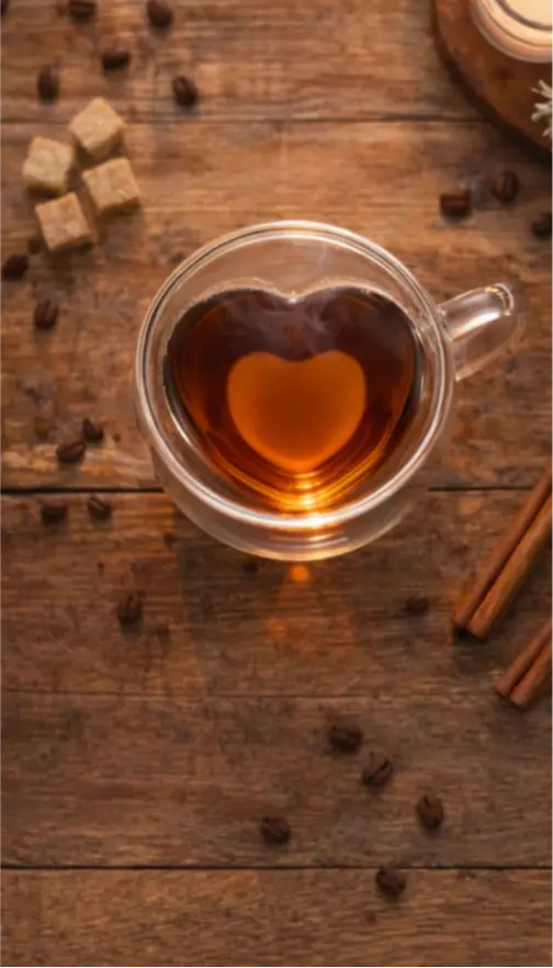 Heart-shaped glass mug filled with tea on a wooden surface with cinnamon sticks and sugar cubes.