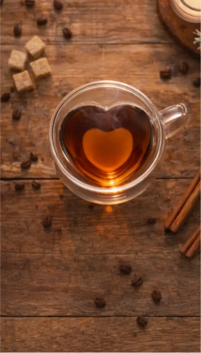 Heart-shaped glass mug filled with tea on a wooden surface with cinnamon sticks and sugar cubes.