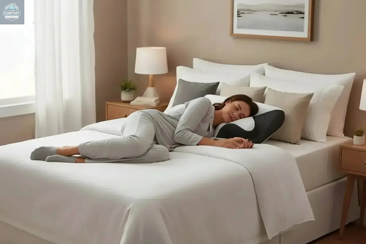 Side sleeper resting on orthopedic memory foam cervical pillow in bedroom setting
