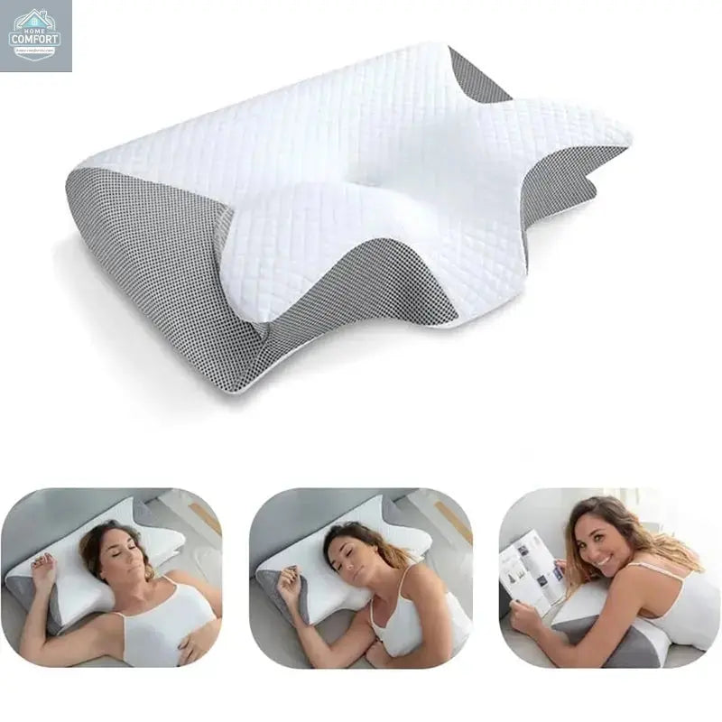 Contoured memory foam cervical pillow showing ergonomic shape and support for back and side sleeping
