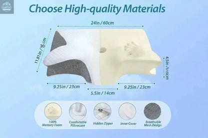 Memory foam cervical pillow with labeled dimensions and breathable washable cover materials