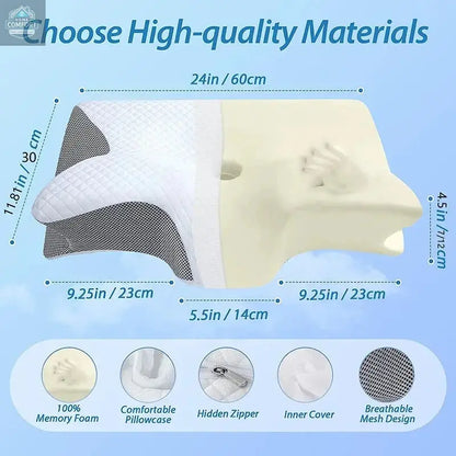 Memory foam cervical pillow with labeled dimensions and breathable washable cover materials