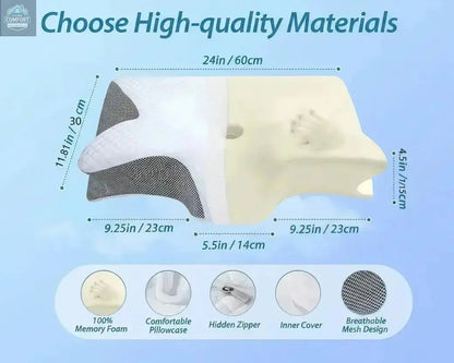Memory foam cervical pillow with labeled dimensions and breathable washable cover materials
