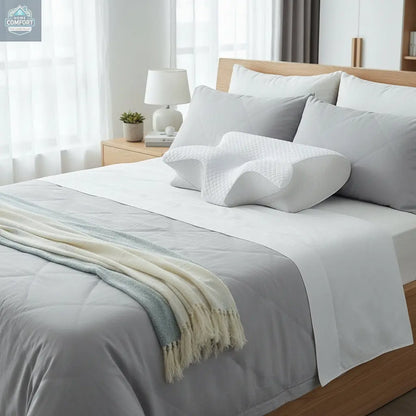 Orthopedic memory foam cervical pillow placed on a neatly made bed in a modern bedroom