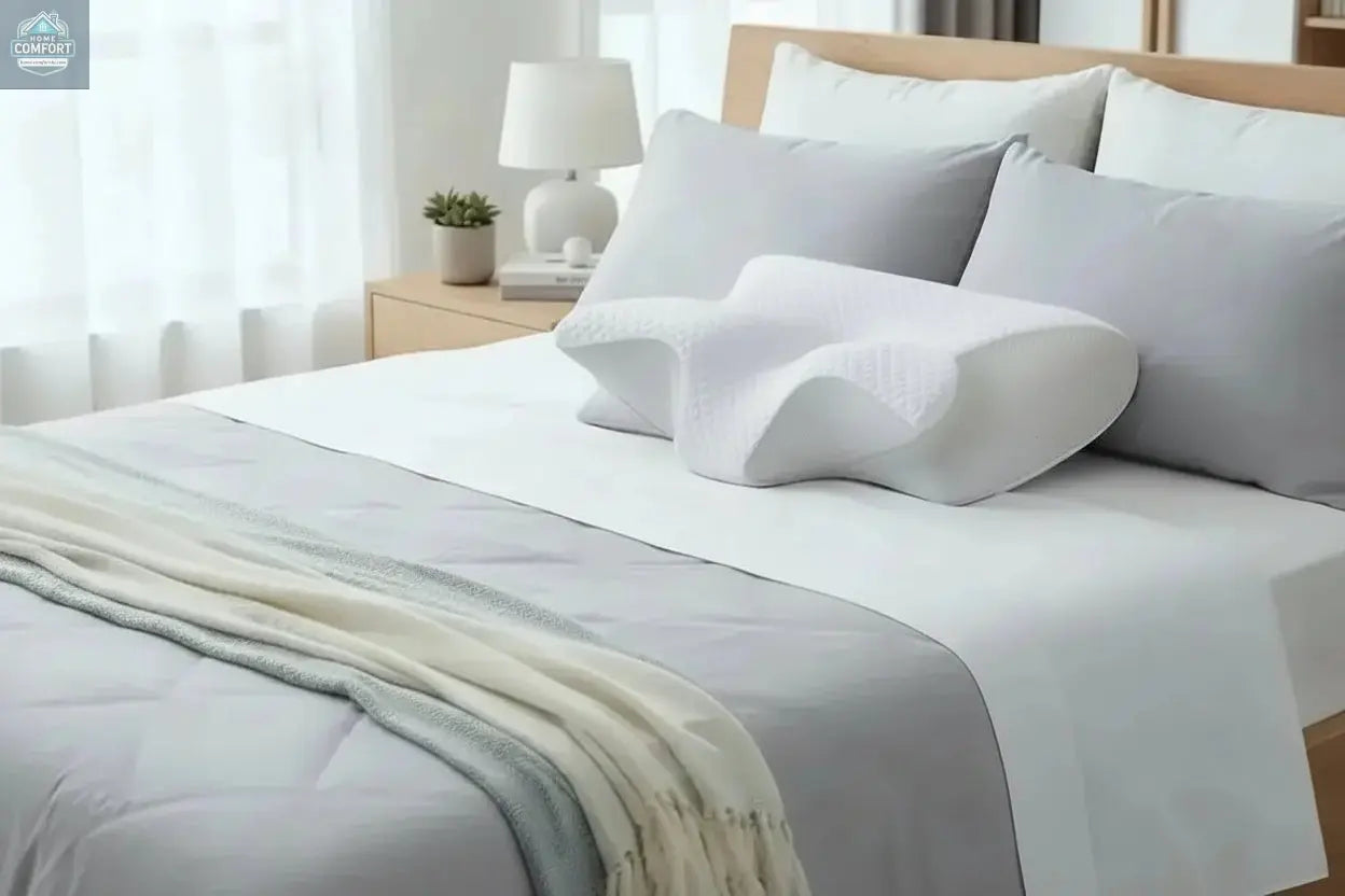 Orthopedic memory foam cervical pillow placed on a neatly made bed in a modern bedroom