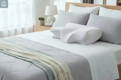 Orthopedic memory foam cervical pillow placed on a neatly made bed in a modern bedroom