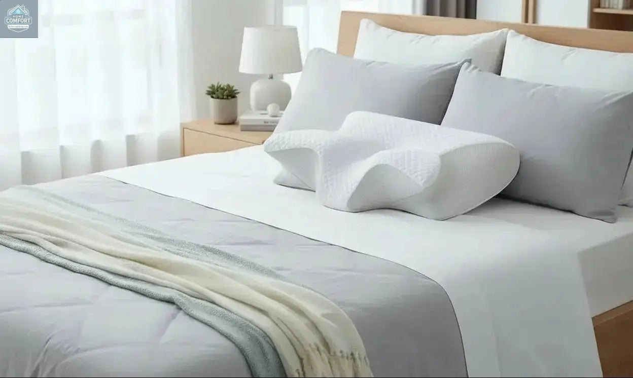 Orthopedic memory foam cervical pillow placed on a neatly made bed in a modern bedroom