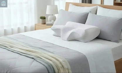 Orthopedic memory foam cervical pillow placed on a neatly made bed in a modern bedroom