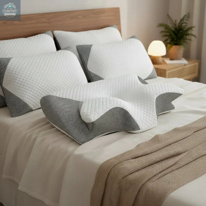 Ergonomic cervical memory foam pillows arranged on bed showing contoured neck support design