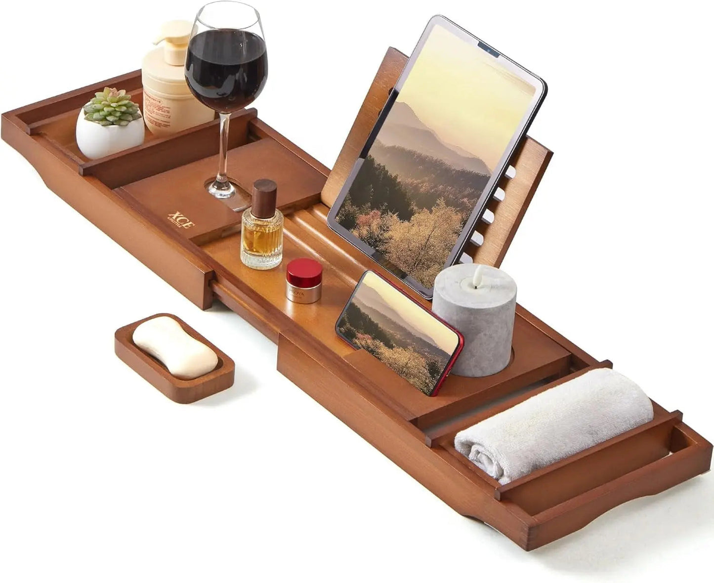 Bamboo Bathtub Caddy Brown Tray with Book Stand & Soap Holder, Natural | Expandable to 41 Inches & Anti-Slip Pads for Luxury Bath Spa