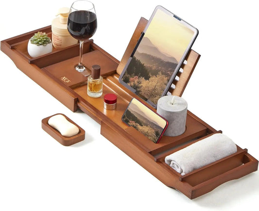 Bamboo Bathtub Caddy Brown Tray with Book Stand & Soap Holder, Natural | Expandable to 41 Inches & Anti-Slip Pads for Luxury Bath Spa