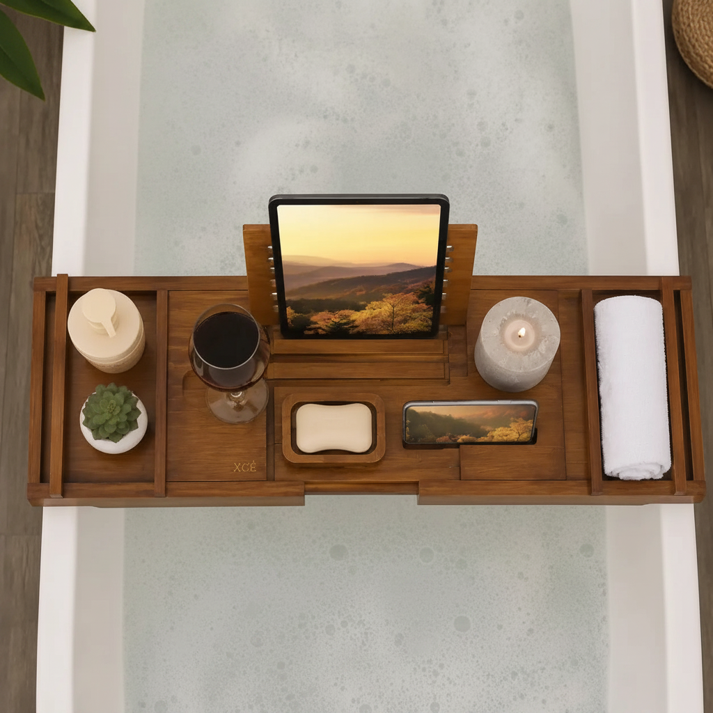 A teak wooden bath caddy tray set inside a bathtub, styled with a tablet, candle, wine glass, soap dish, small plant, and a rolled white towel.