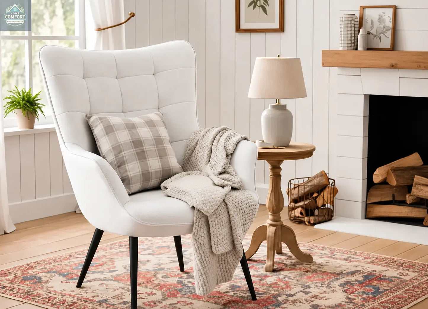White faux leather wingback accent chair with high back and padded seat for living room 