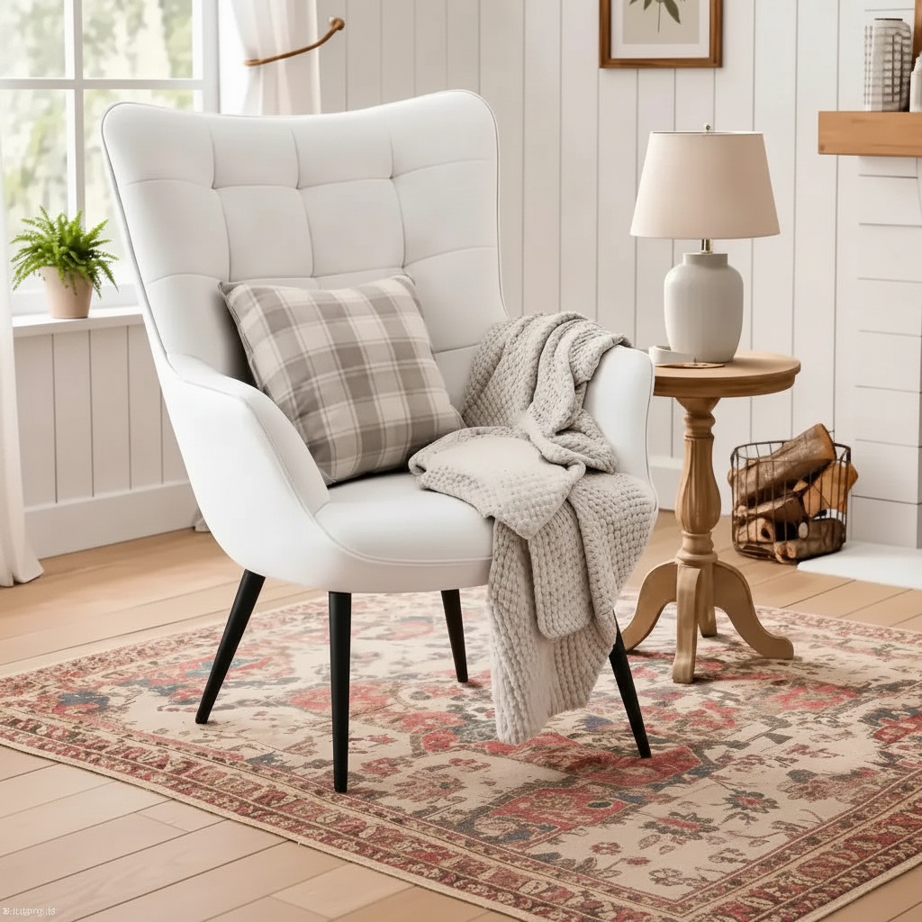 White faux leather wingback accent chair with high back and padded seat for living room 