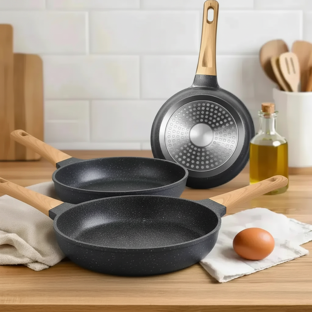 Three dark gray speckled non-stick frying pans with light wood handles are displayed on a wooden countertop, with a third pan standing upright in the background. A white tiled kitchen wall, a bottle of oil, and a brown egg are visible in the scene.