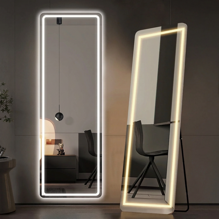 White full length LED floor mirror with adjustable lighting shown in modern living room, 64x21 freestanding illuminated mirror
