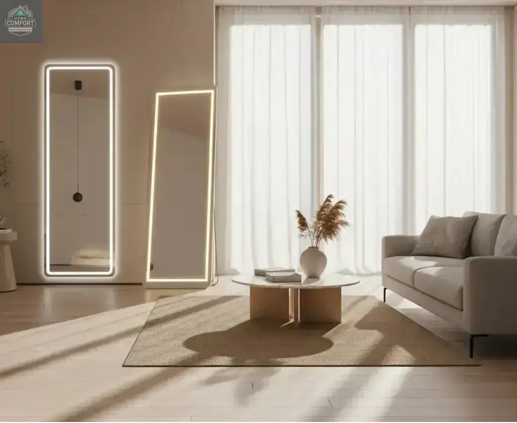 White full length LED floor mirror with adjustable lighting shown in modern living room, 64x21 freestanding illuminated mirror
