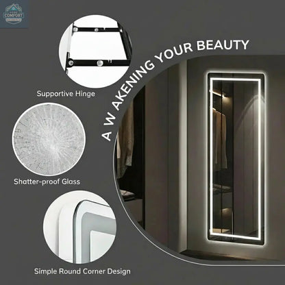 Full length LED mirror showing shatterproof glass, support hinge, and rounded corner safety design
