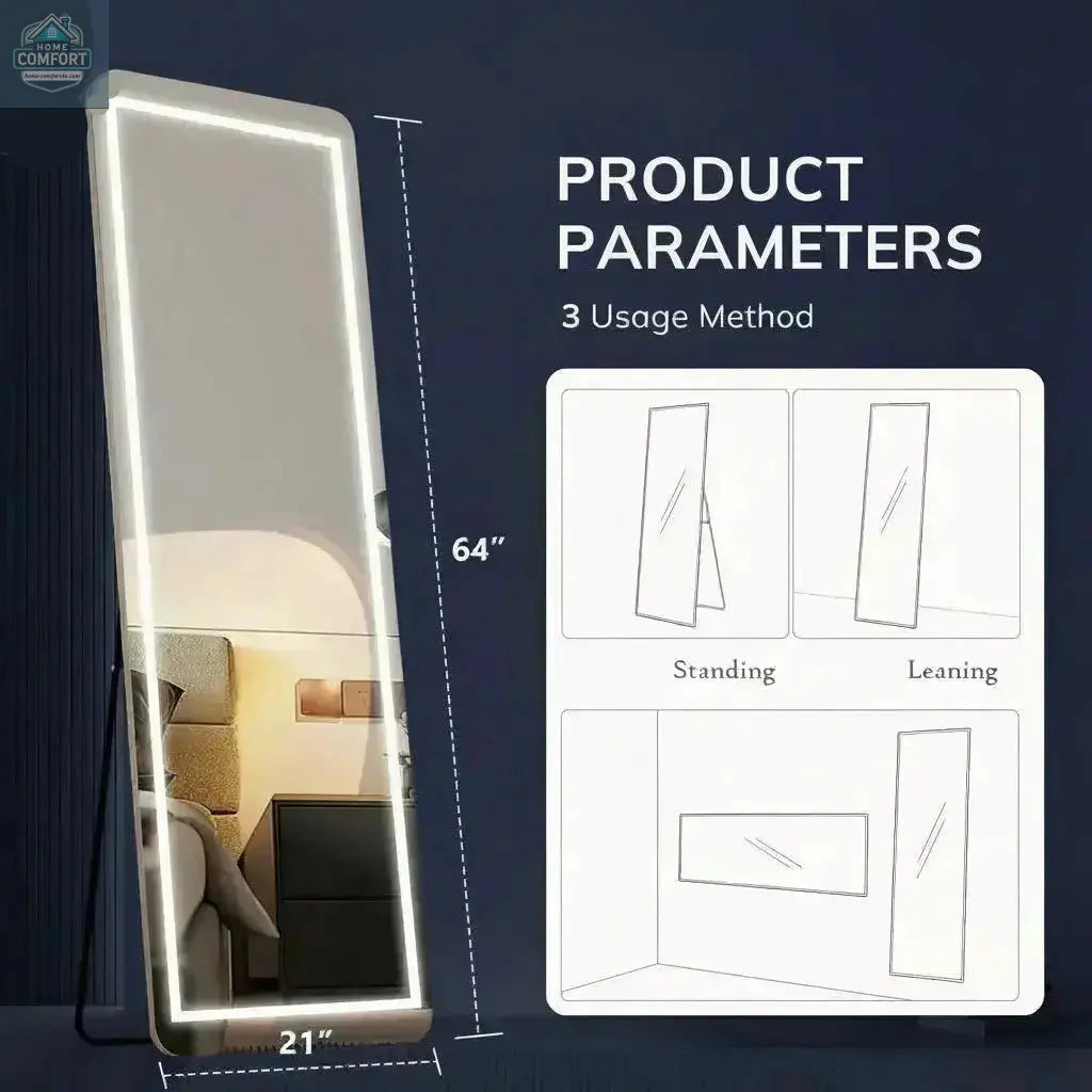 Full length LED mirror dimensions graphic showing 64x21 size with standing and leaning installation options
