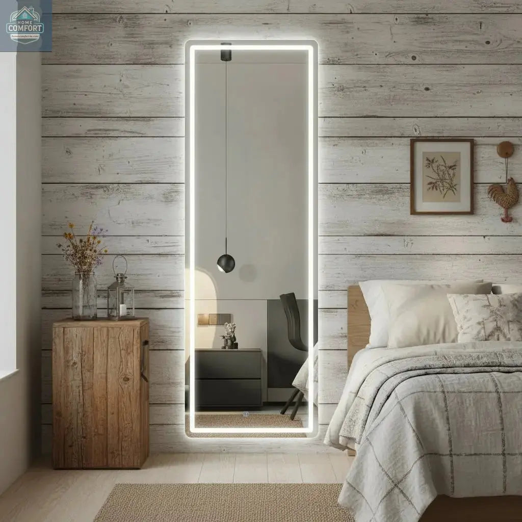 White full length LED mirror placed in bedroom showing illuminated frame and freestanding design
