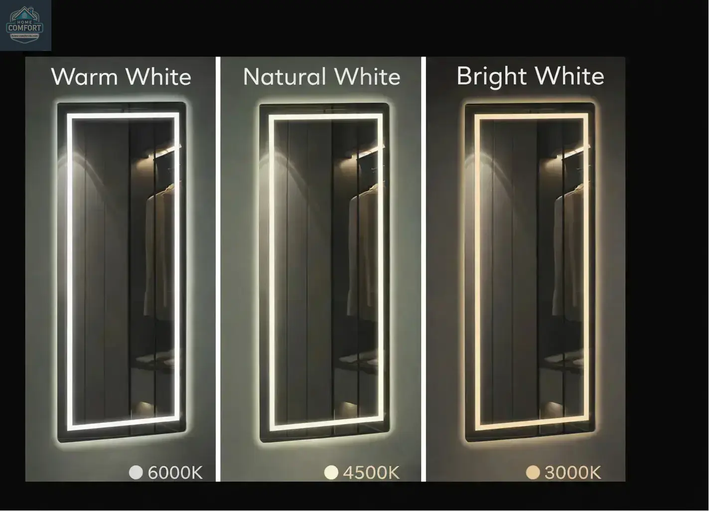 Full length LED mirror showing three lighting modes including warm white, natural white, and bright white illumination
