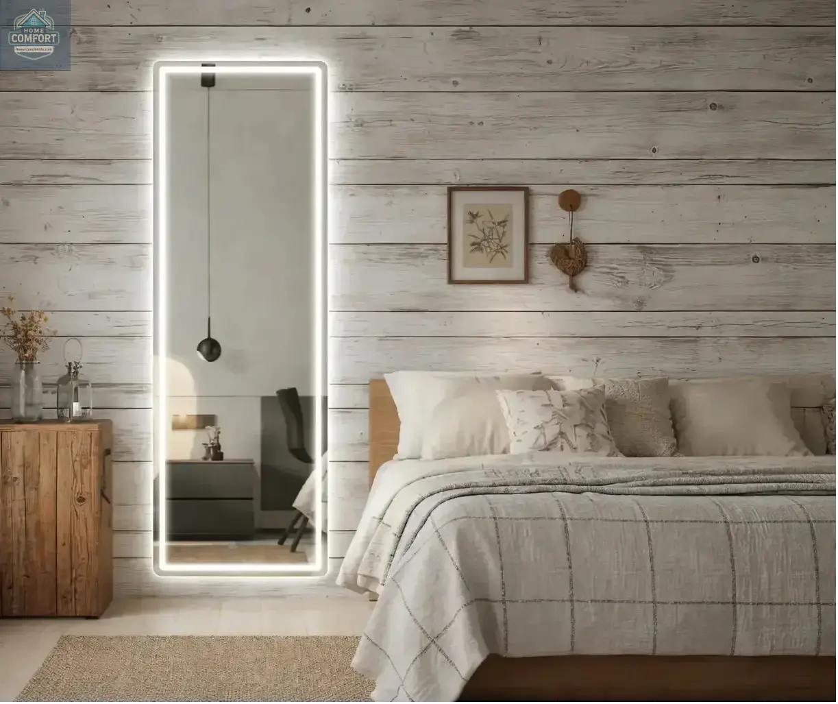 White full length LED mirror placed in bedroom showing illuminated frame and freestanding design