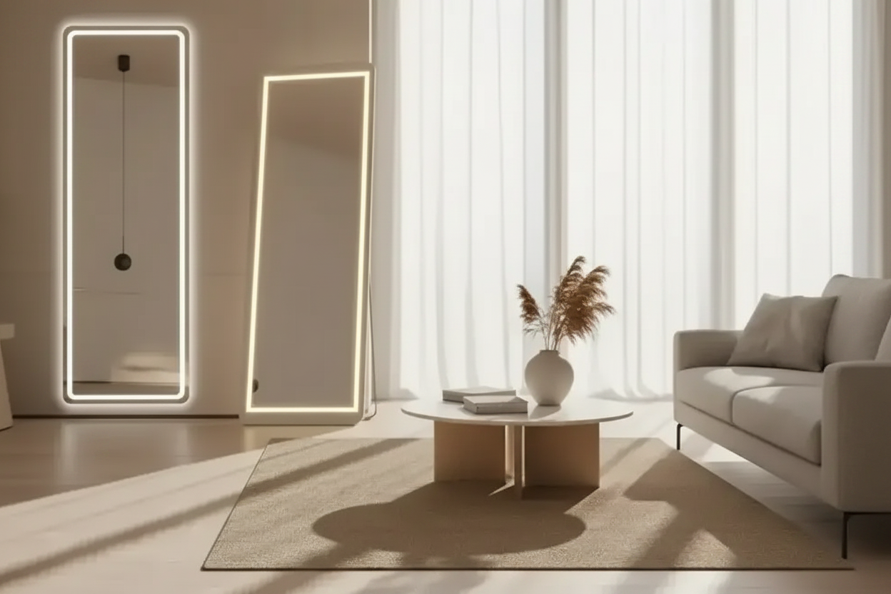 White full length LED floor mirror with adjustable lighting shown in modern living room, 64x21 freestanding illuminated mirror
