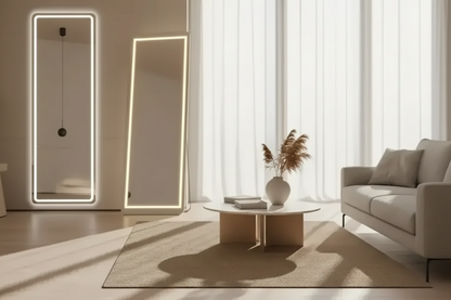 White full length LED floor mirror with adjustable lighting shown in modern living room, 64x21 freestanding illuminated mirror
