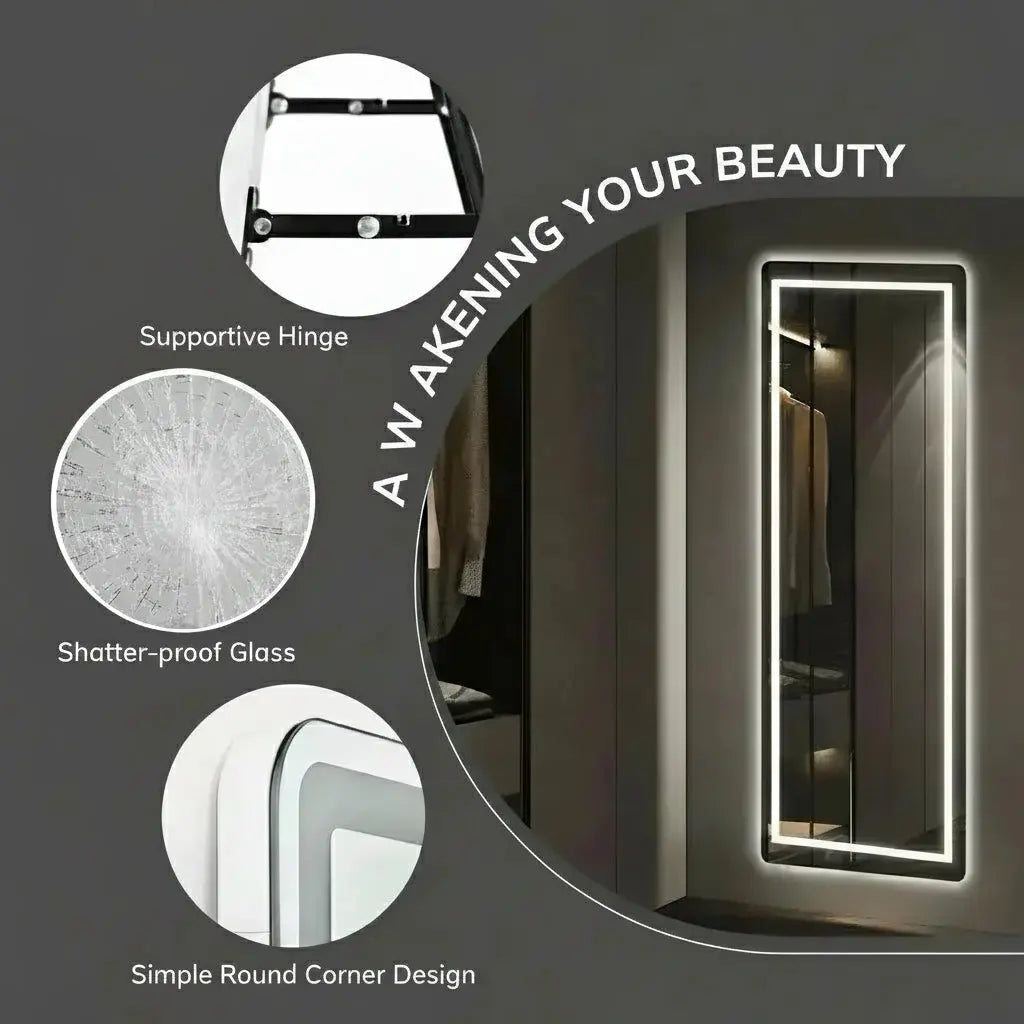 Full length LED mirror showing shatterproof glass, support hinge, and rounded corner safety design
