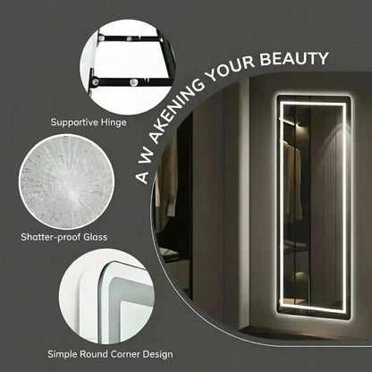 Full length LED mirror showing shatterproof glass, support hinge, and rounded corner safety design
