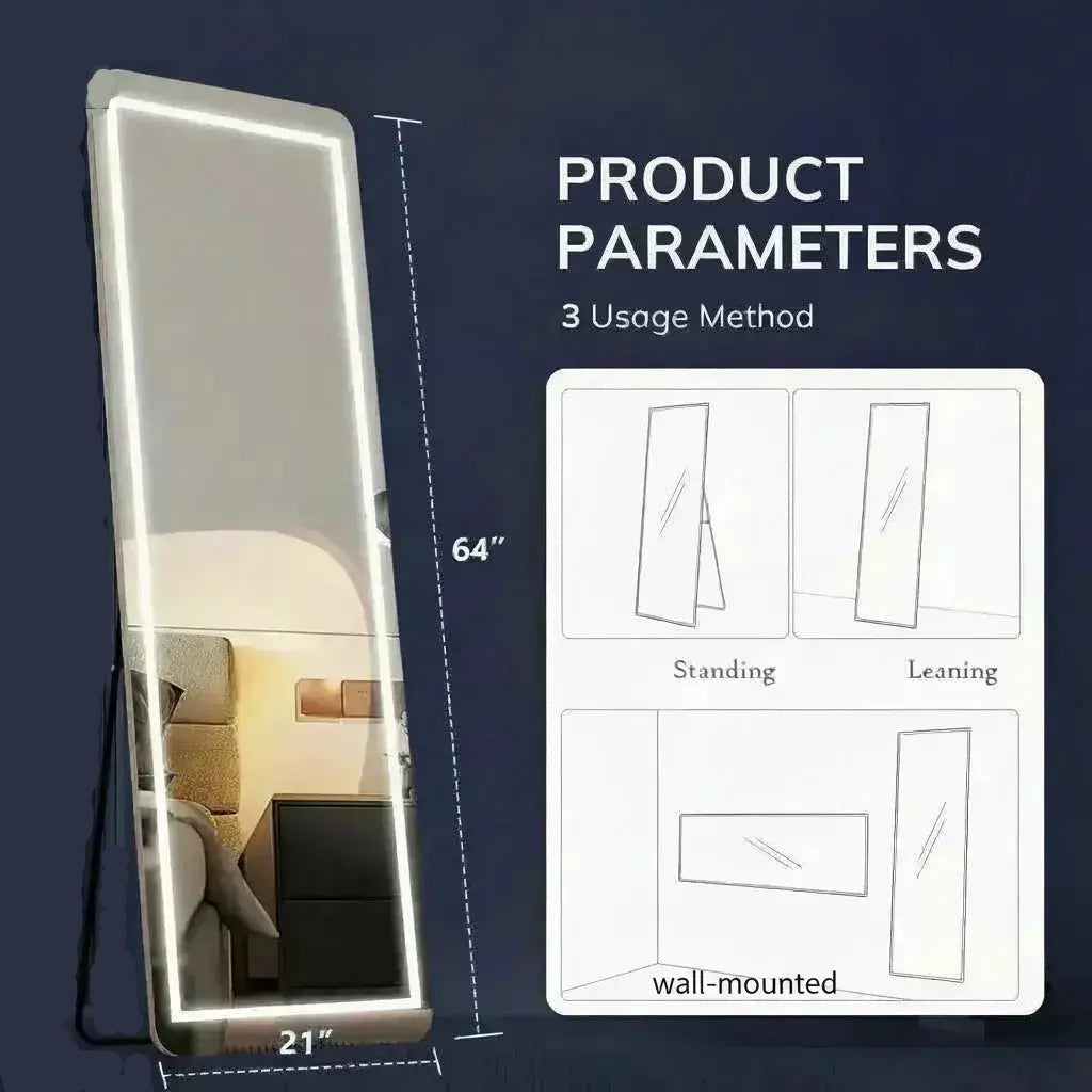 Full length LED mirror dimensions graphic showing 64x21 size with standing and leaning installation options.
